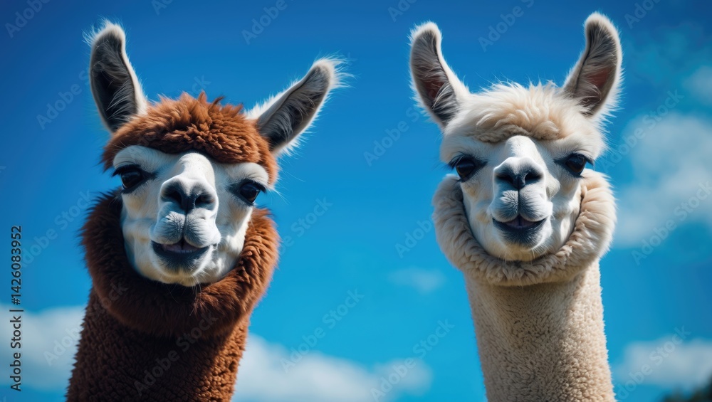 Obraz premium Two funny alpacas with blue sky background
