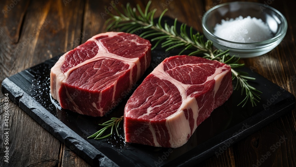 Raw ancho meat prepared for cooking on a dark cutting board with a wooden background Raw ancho meat prepared for cooking on a dark cutting board with a wooden background