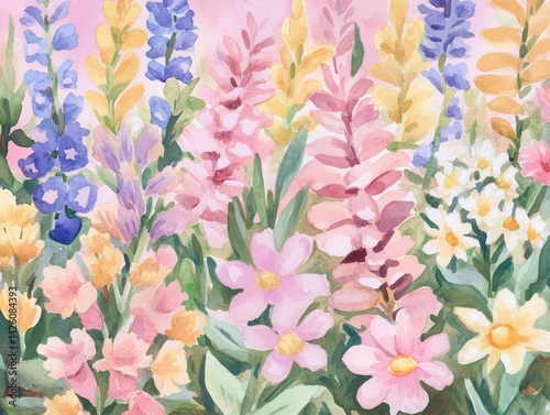 Floral watercolor painting of pink yellow and blue flowers