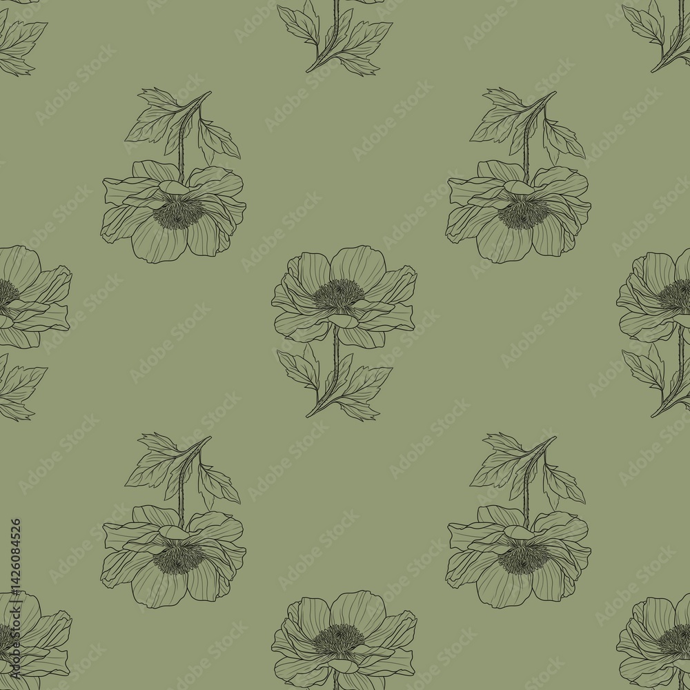 custom made wallpaper toronto digitalA seamless pattern featuring hand-drawn flowers with leaves on a soft green background. The floral design is elegant and minimalistic, suitable for textiles or wallpapers.