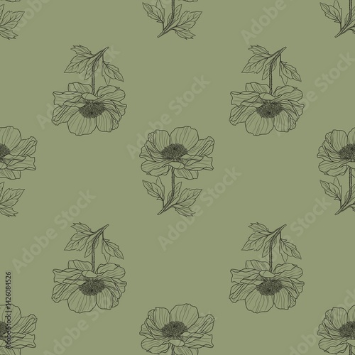 Wallpaper Mural A seamless pattern featuring hand-drawn flowers with leaves on a soft green background. The floral design is elegant and minimalistic, suitable for textiles or wallpapers. Torontodigital.ca