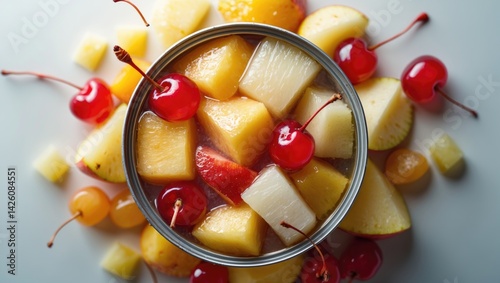 Overhead perspective of an opened fruit cocktail can