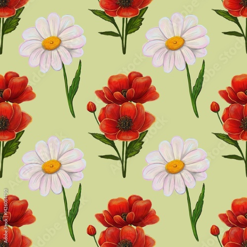 A seamless pattern featuring vibrant red poppies and white daisies on a light green background. The flowers are illustrated with detailed petals and leaves, creating a cheerful and fresh aesthetic.