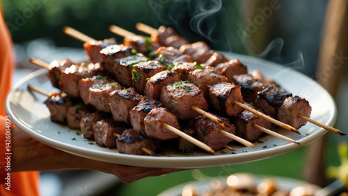 Plate featuring shashlik on the spits for a barbecue meal