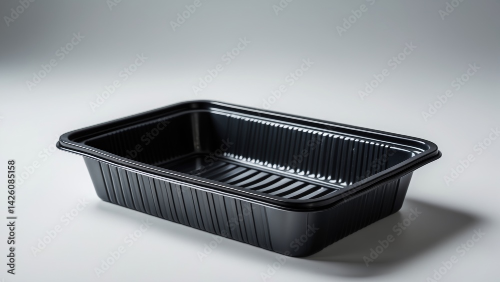 Black plastic food container against a white background