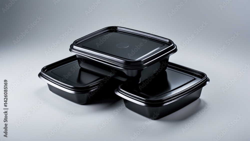 Black plastic food container with lid on a plain background Black plastic food container with lid on a plain background