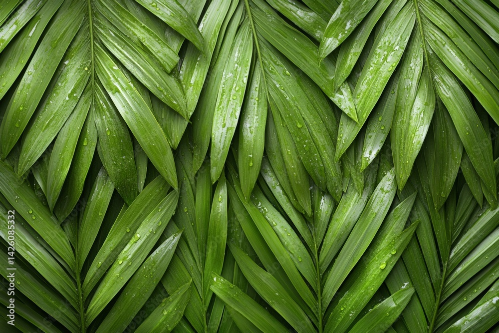 Fototapeta premium Lush green palm leaves showcasing texture and moisture in a tropical setting after rainfall
