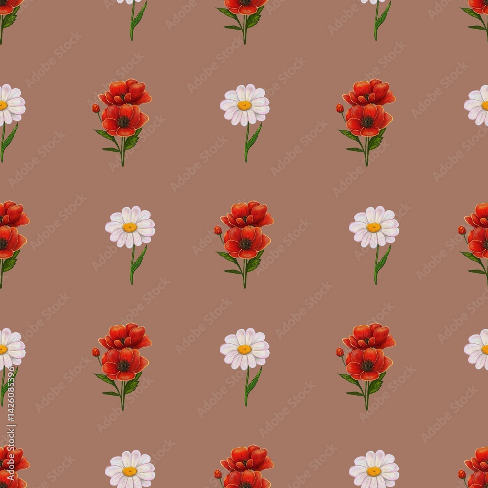 Fototapeta premium A seamless pattern featuring vibrant red flowers and white daisies on a warm brown background. The design is cheerful and suitable for fabric, wallpaper, or stationery.