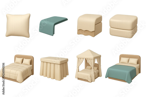 Wallpaper Mural Bedroom furniture and decor icon set – 3d style home interior and furnishing symbols for bedroom design: pillow, blanket, nightstand, mattress, curtain, bed frame, duvet, canopy bed Torontodigital.ca