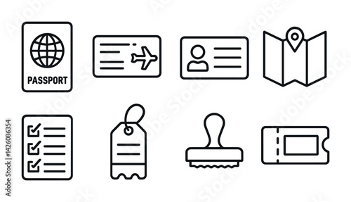 Travel essentials icon set: passport, ticket, id card, map, checklist, luggage tag, stamp