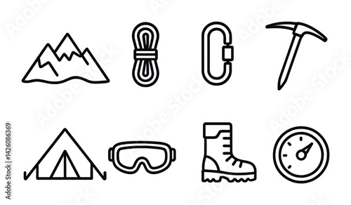 Adventure and mountaineering linear icon set: mountains, equipment, and gear