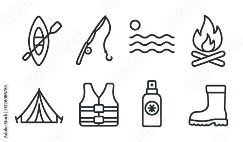 Outdoor camping icon set: adventure symbols in linear style - kayak, tent, bonfire & more