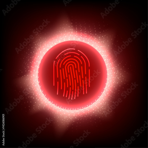 Red Fingerprint Glow. A vibrant red fingerprint glows intensely within a circular halo of light, symbolizing security, privacy, or identity.