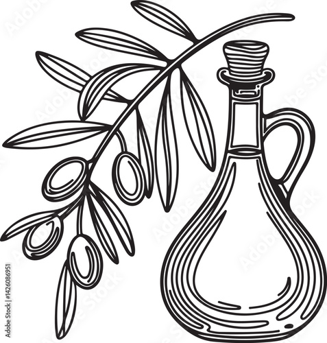 Monochrome drawing of an olive branch and sleek oil bottle with flowing organic forms and simple outline on a clean background in minimalist line style