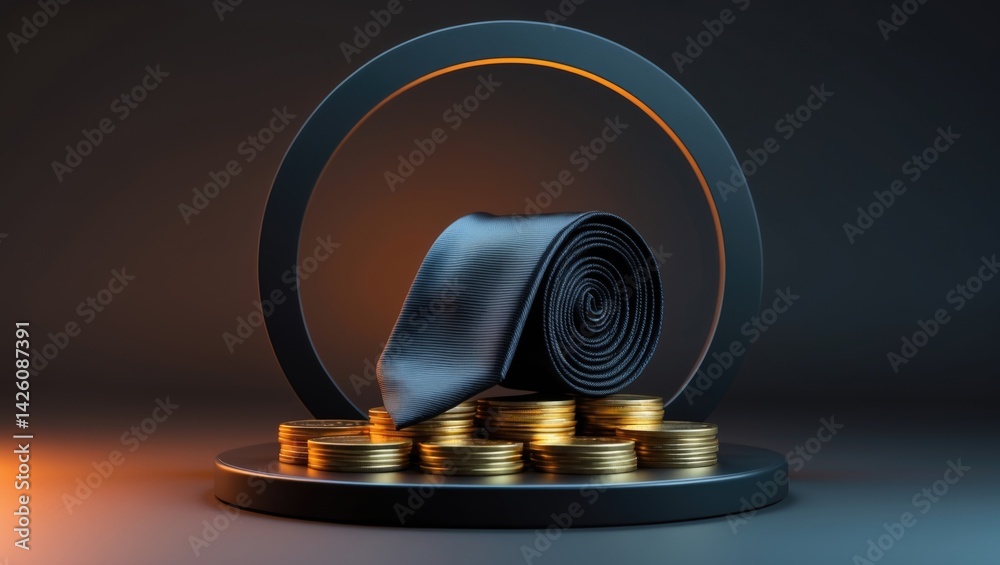 Close-up of a rolled black polyester necktie on a round stand against a sophisticated design background, ideal for luxury clothing Close-up of a rolled black polyester necktie on a round stand against a sophisticated design background, ideal for luxury clothing