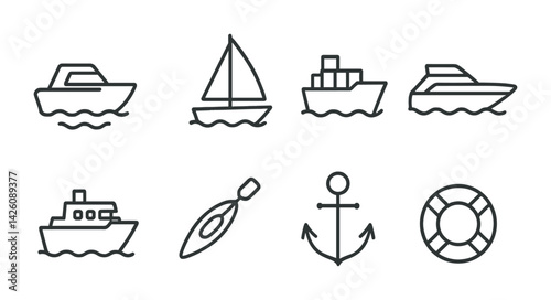 Marine transport icons set: outline style featuring boats, ships, anchor, and life buoy