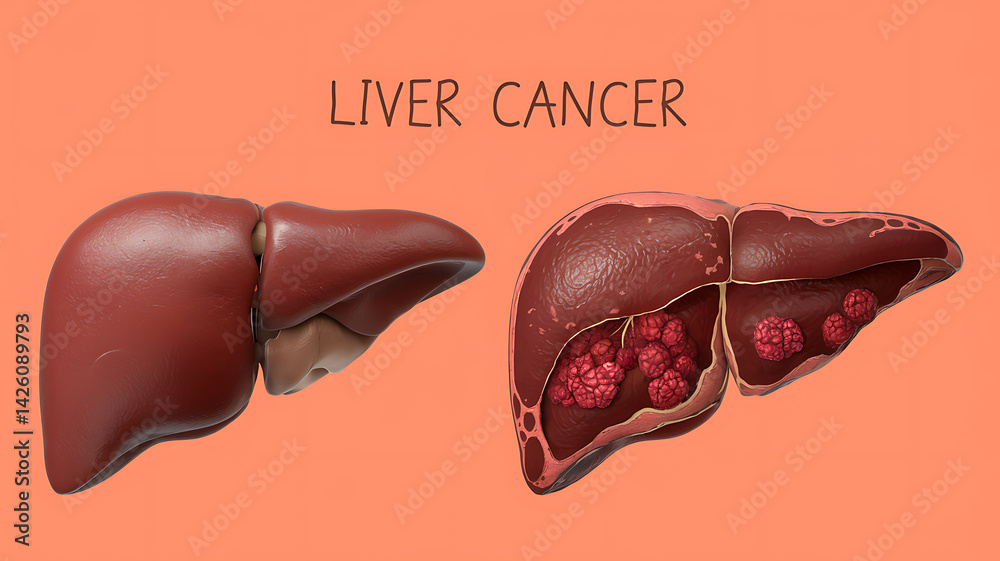 Comparison of a healthy liver with a cancerous liver showing tumor growths inside the organ.
