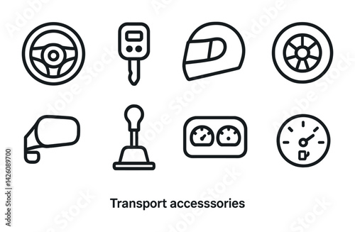 Transportation accessories icon set: linear style featuring helmets, keys, and more