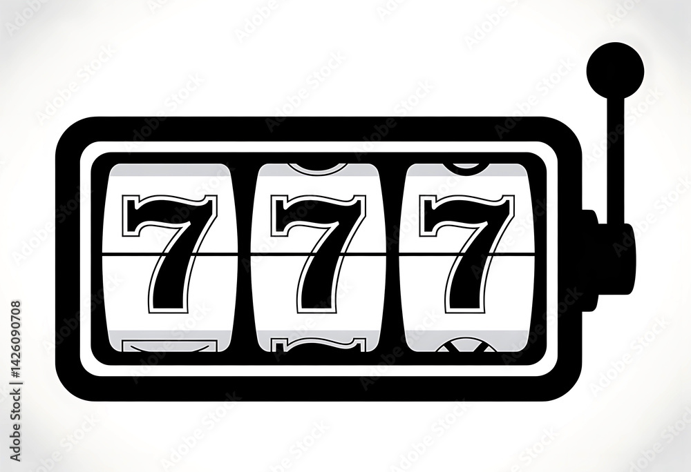 Black and white slot machine showing three lucky sevens aligned depicting a classic symbol of winning and chance.