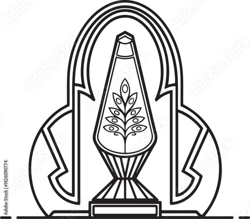 Elegant black and white illustration of a lava lamp in vintage style with a peacock feather pattern tall silhouette and artistic geometric base design