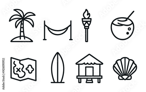 Tropical leisure icons set: explore relaxation and adventure in linear style