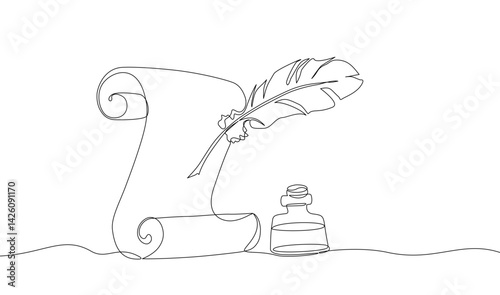 Continuous one line drawing of a quill, inkwell, and scroll. Minimalist art conveying vintage writing and history. Vector illustration, Editable stroke