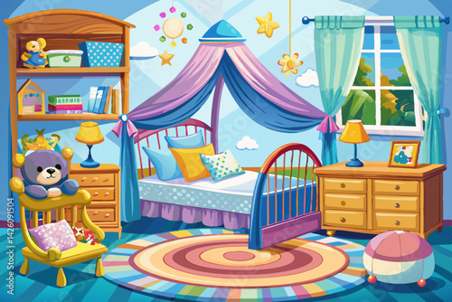 vector of Baby room, bedding, pillows and quilts, bright interior, accessories, isolated white baby bed with canopy in background.