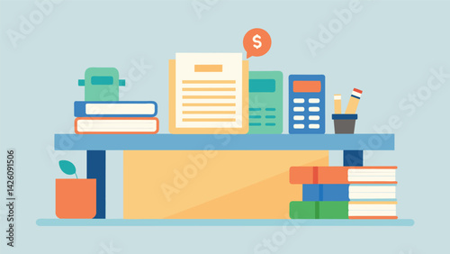 A classroom desk with textbooks and tuition receipts neatly organized side by side symbolizing the balance between learning and paying for it.. Vector illustration