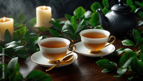 Black table featuring two white tea cups and lit candles