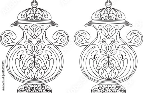 Ornate illustration of a traditional Tibetan ritual vase with symmetrical floral patterns ceremonial lid and detailed line art in a Buddhist art style