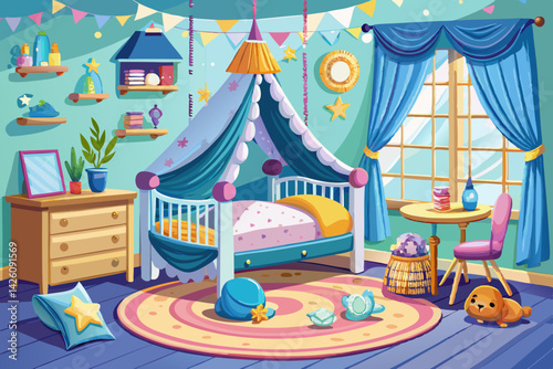 vector of Baby room, bedding, pillows and quilts, bright interior, accessories, isolated white baby bed with canopy in background.