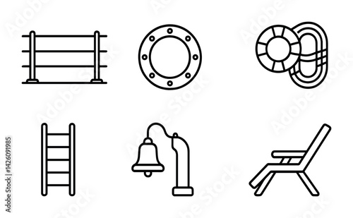 Nautical icons set: linear style with lifebuoy, anchor, and more