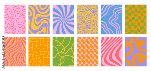 Set of Abstract vertical backgrounds with colorful waves. Trendy vector illustration in style retro 60s, 70s.