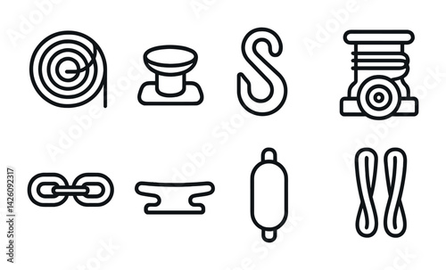 Nautical equipment icons set: flat linear style collection