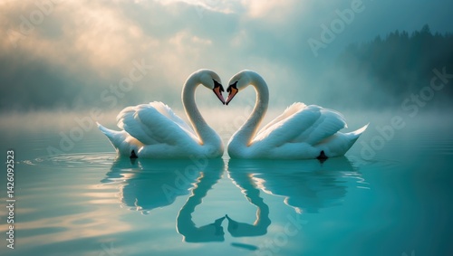 Fototapeta Naklejka Na Ścianę i Meble -  Two elegant swans in love mirrored in still water against a misty backdrop