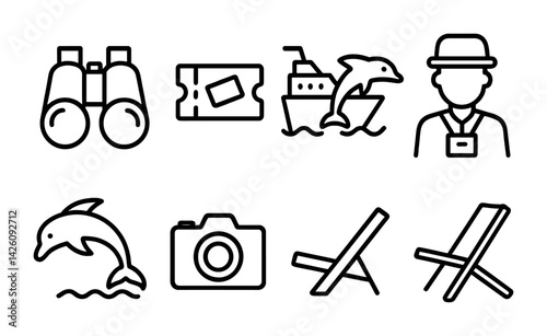Travel adventure icons set: outline style featuring dolphin, camera, and more