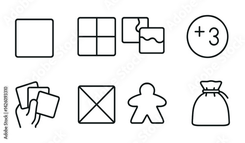 Board game flat line icons: puzzle, meeple, cards, tiles, bag, number