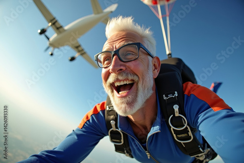 Happy Skydiver senior man, smiling in free fall on flying airplane background. AI