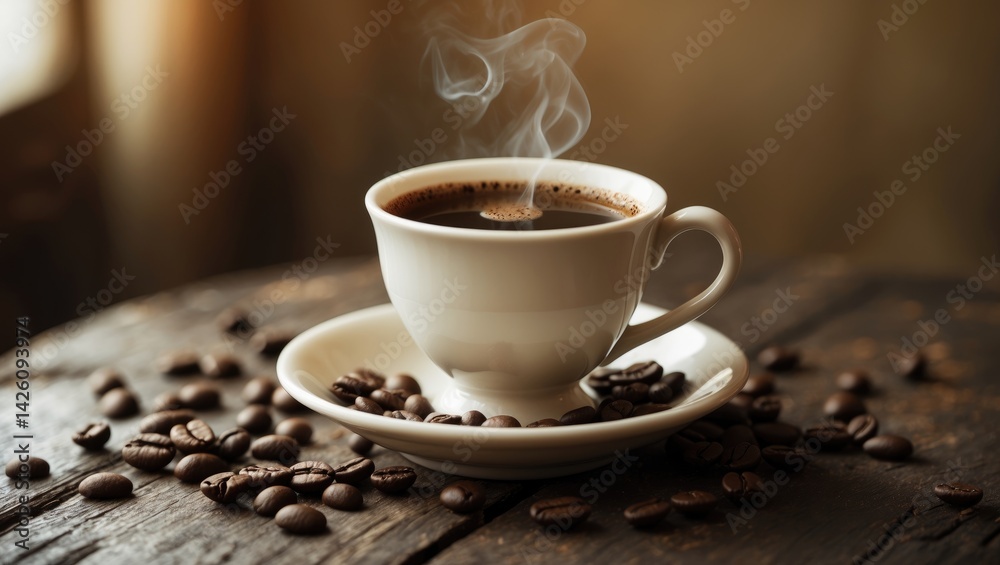 Fototapeta premium Isolated porcelain white cup with hot coffee and beans on wooden table, detailed background, front view, horizontal layout