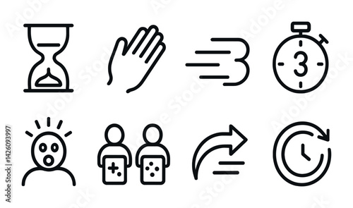 Linear time management icons set: timer, clock, hourglass, hand gestures, velocity indicators