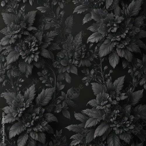 Intricate charcoal floral wallpaper; elegant, stylish luxury, rich texture, dark floral pattern, botanical, design element, art