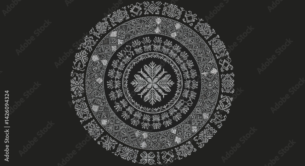 Obraz premium Intricate circular pattern design in black and white on dark background 