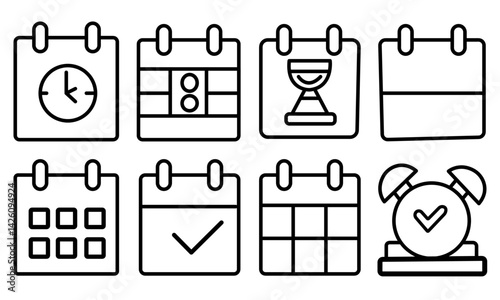 Time Management Icons: A set of eight minimalist line icons representing various aspects of time management, including clocks, calendars, and schedules. Perfect for apps, websites.