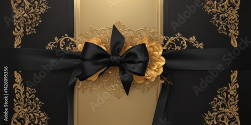 Elegant black satin ribbon adorns a gold-accented floral VIP invitation ,  exclusive,  gold