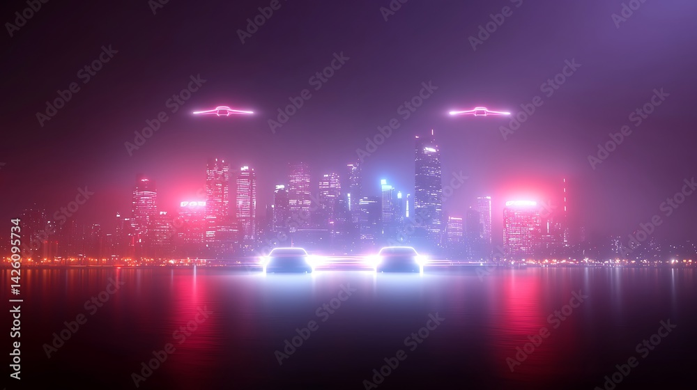 Fototapeta premium Futuristic cityscape glows with vibrant neon lights over water, reflecting on the calm surface