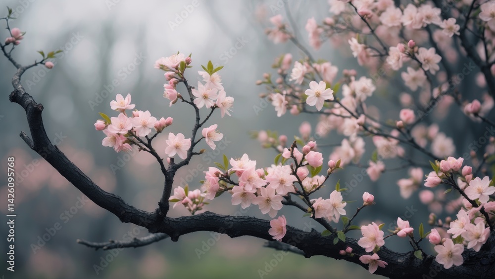 A branch decorated with tender pink and white blossoms heralding spring's arrival, showcasing nature's vibrant renewal and peaceful beauty.