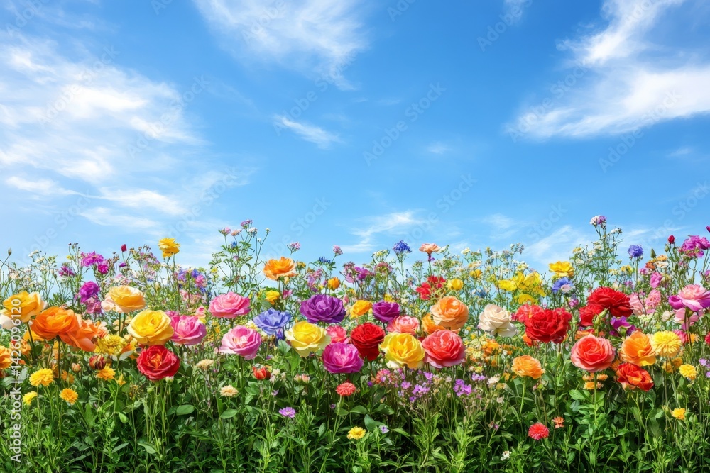 Vibrant flower field under a clear blue sky blooms with colors in a sunny atmosphere during springtime Vibrant flower field under a clear blue sky blooms with colors in a sunny atmosphere during springtime