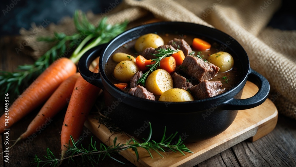 Beef stew prepared in a cast iron pot over an open flame placed on a wooden board with burlap, set against a white background with space for text