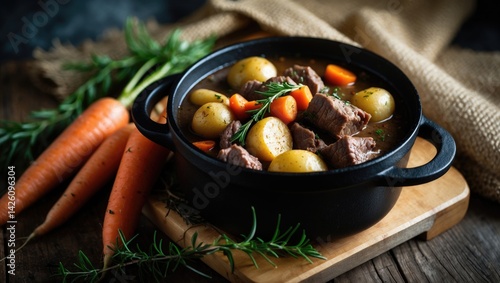 Obraz na płótnie Beef stew prepared in a cast iron pot over an open flame placed on a wooden board with burlap, set against a white background with space for text w salonie