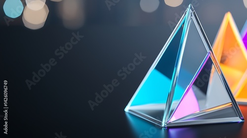 Gleaming crystal pyramids sit on a dark surface, reflecting light, with bokeh in back